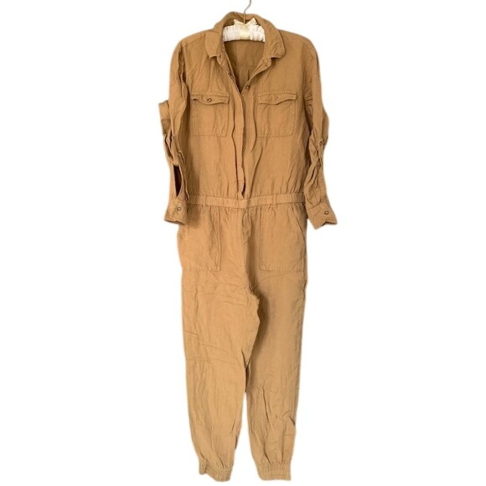 Ann Taylor LOFT Tan Linen Blend UJogger Jumpsuit Size S Khaki Long Sleeve